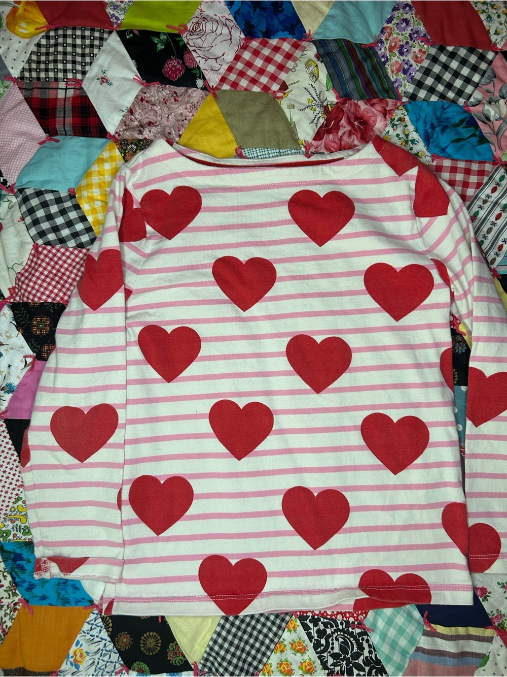 Mini Boden Girls' Pink & Red Heart Stripe Long-Sleeve Top
